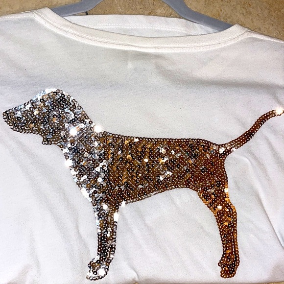 Victoria Secerts Pink Bling White Tee Silver and Rose Gold Sequin Little Dog Y2K - Picture 6 of 8